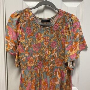 Zesica SZ L 70’s Retro Floral Smocked Bodice Maxi Dress Boho Bohemian Flutter